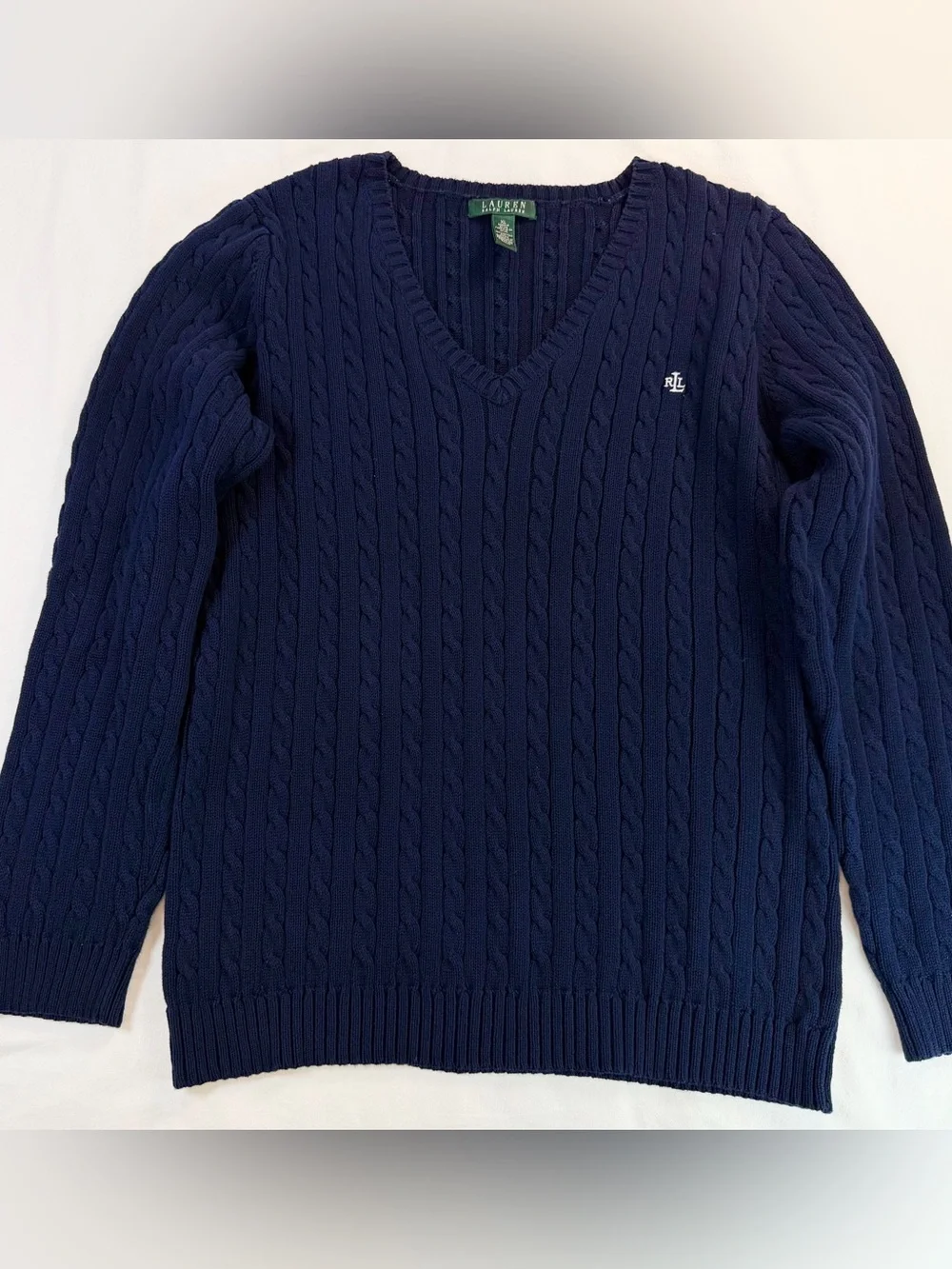 Lauren Ralph Lauren Navy Blue V-Neck Cable Knit Cotton Sweater XL - Picture 2 of 9